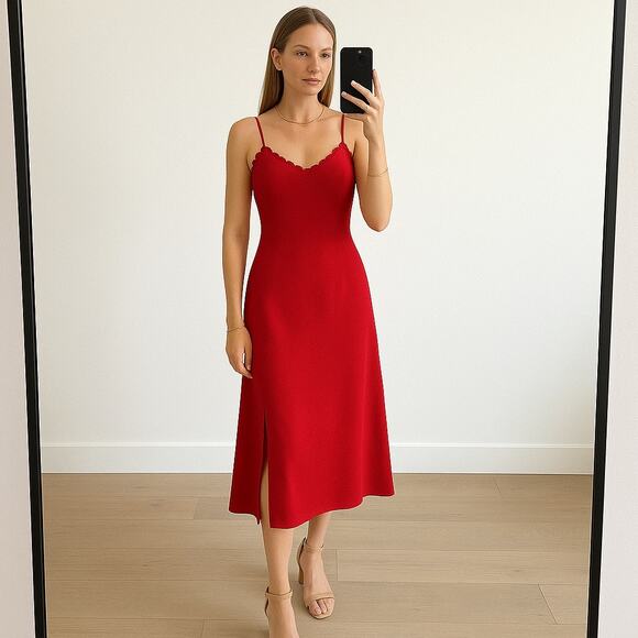 Reformation Cassandra Cherry Red Midi Ruffle Dress Size 8 - Picture 1 of 13